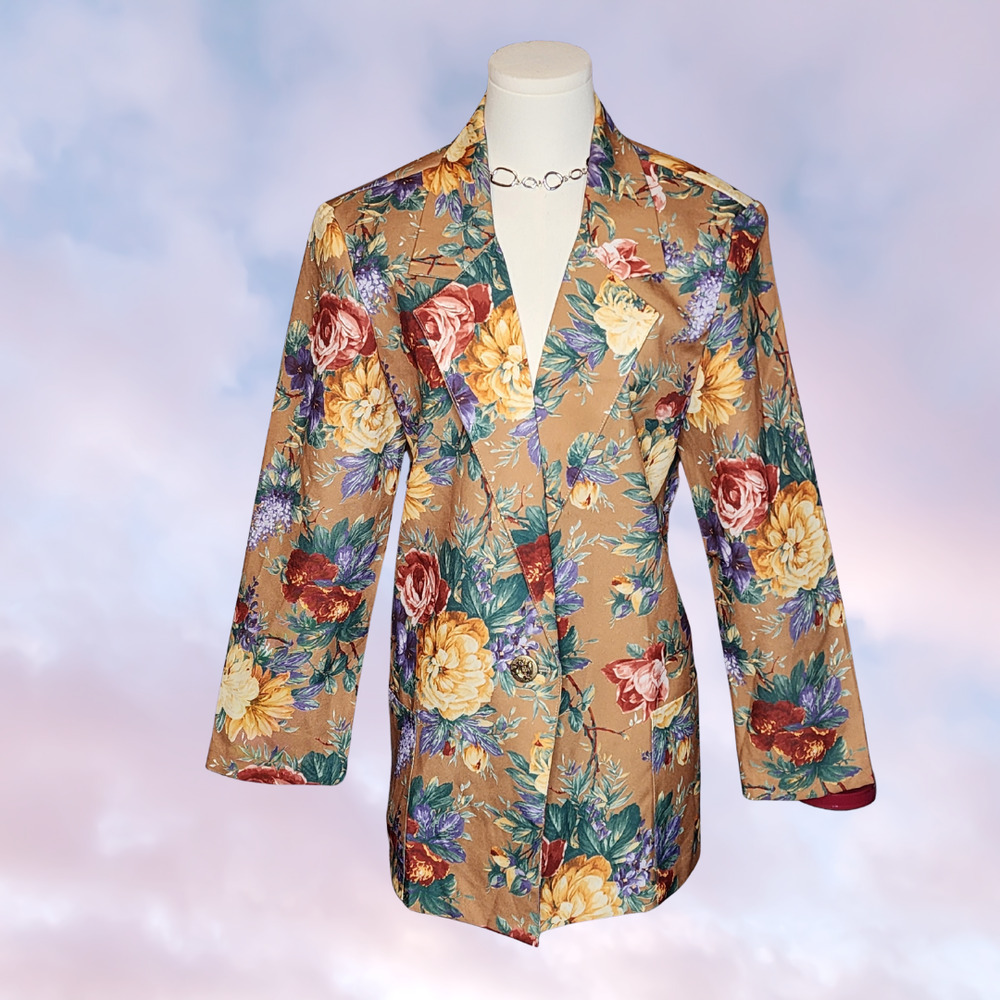 Vtg 90s Haband Floral Tan Colorful Flower Business Formal Wedding Dance Blazer M - Picture 1 of 5